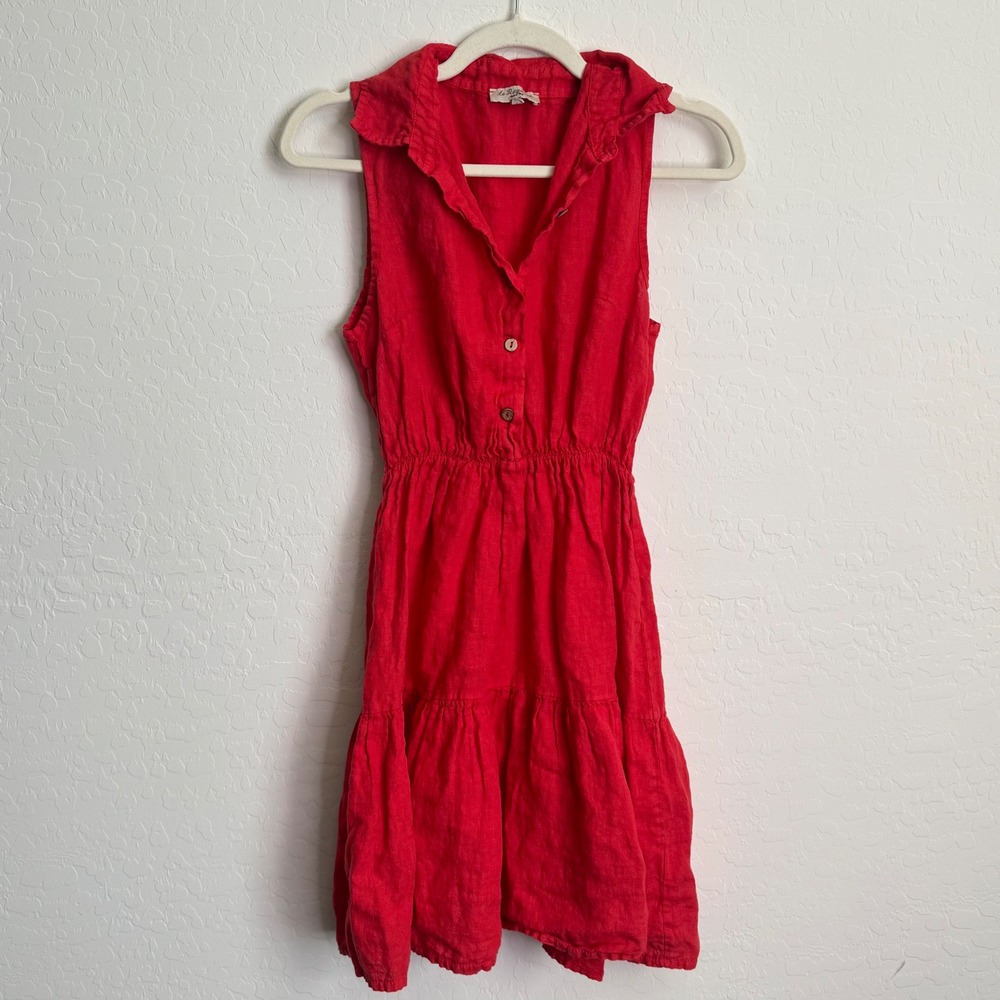 Le Ragazze‎ Italy Red 100% Linen Sleeveless Tiered Mini Shirt Dress Sz M Minimal